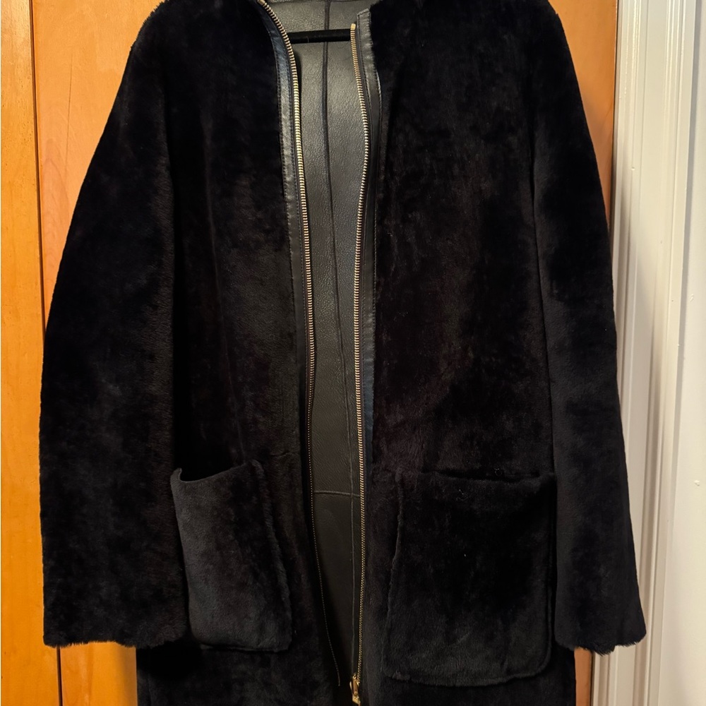 Sandro Black faux fur coat with Gold Zipper